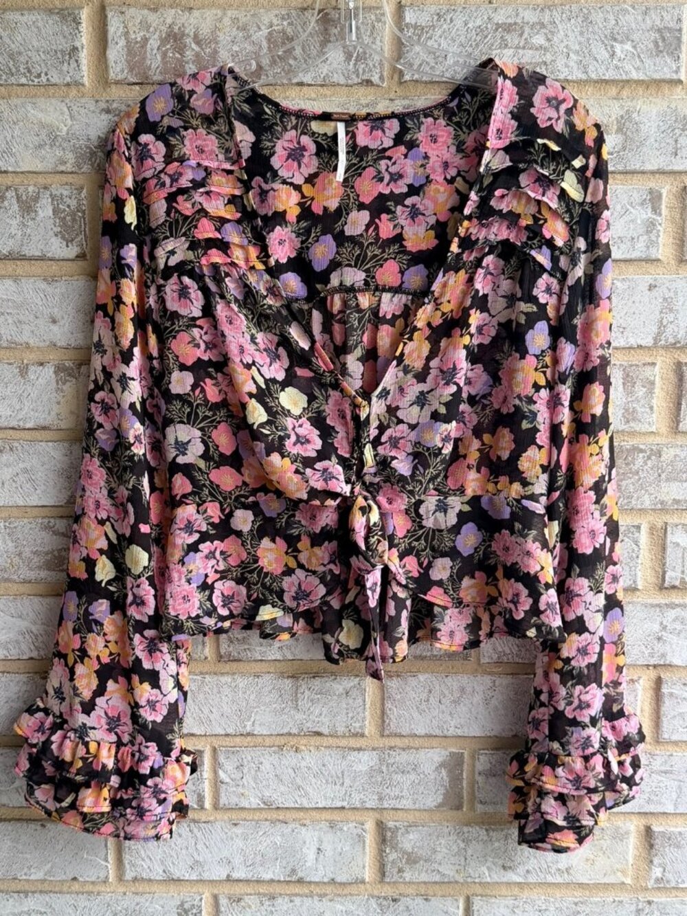 Free People Long Bell Sleeve V-Neck Tie Front Floral Sheer Blouse Women's Size S